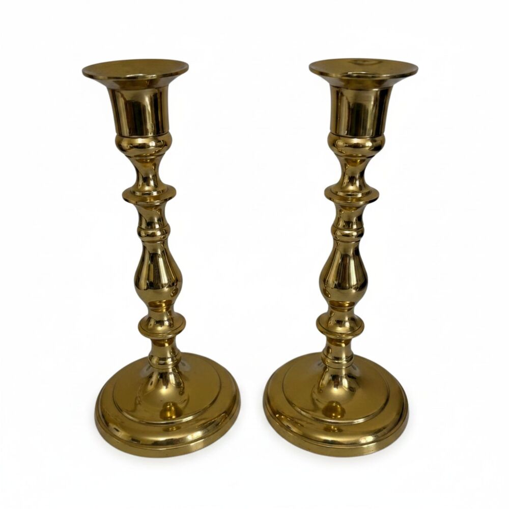 Vintage Pair of Solid Brass Candlestick Holders 7" Tall India